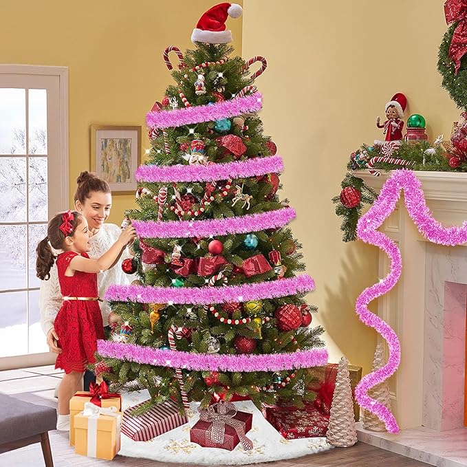 25 Feet Metallic Twist Tinsel Garland - Wall Hanging Backdrop for Parade Floats, Christmas Eve, New Year, Valentine's Day Parties (Macaron Pink, 4in x 25ft)