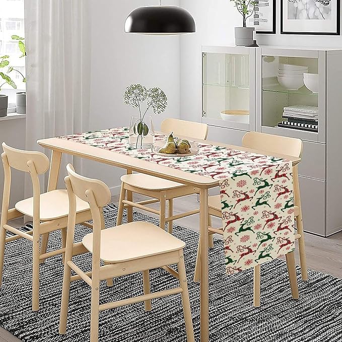 Christmas Table Runner,Christmas Plaid Deer Print Farmhouse Table Cloth Kitchen Dining Table Decoration for Home Party Decor 13x90 Inch