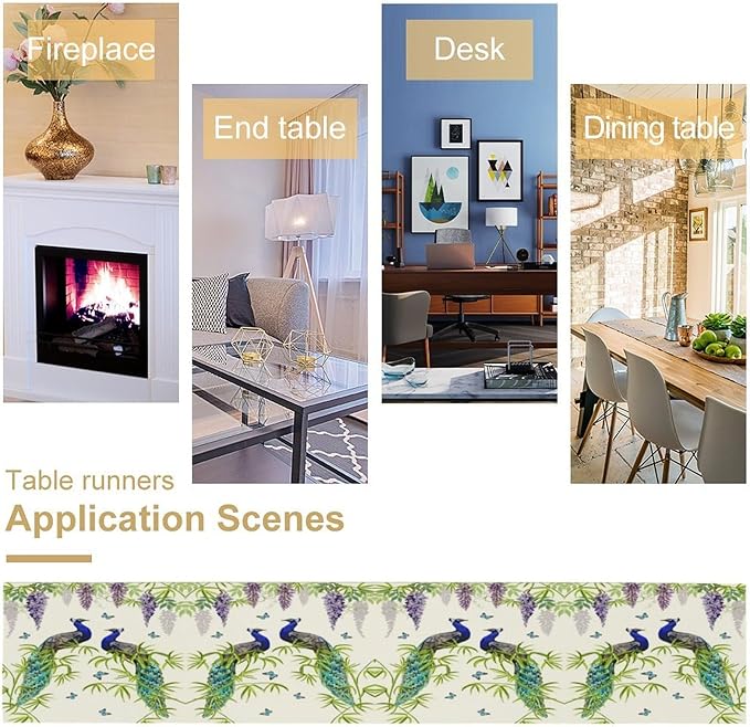 Peacock Table Runner,Spring Plant Butterfly Print Seasonal Table Runner for Home Kitchen Dining Party Indoor Outdoor Decoration 13x70 Inch
