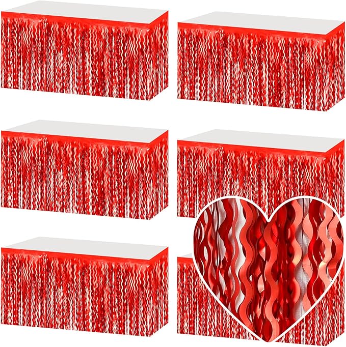 6 Pack 29x108 Inch Red Wave Foil Fringe Table Skirts Metallic Banner for Tinsel Streamer Garland Backdrop for Parade Floats Wedding, Mother's Day, Birthday Mardi Gras Party Decorations
