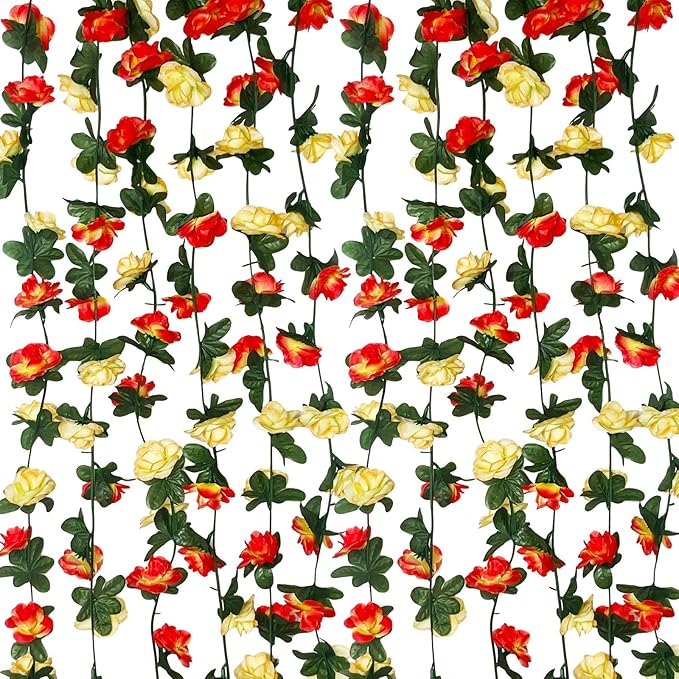16Pcs 126Ft Pink&Yellow Rose Garland, Fake Rose Hanging Flowers, Artificial Flower Vine, Hanging Floral Vine Garland for Wedding, Birthday Party, Wall Arch, Halloween, Christmas Garden Backdrop Decor