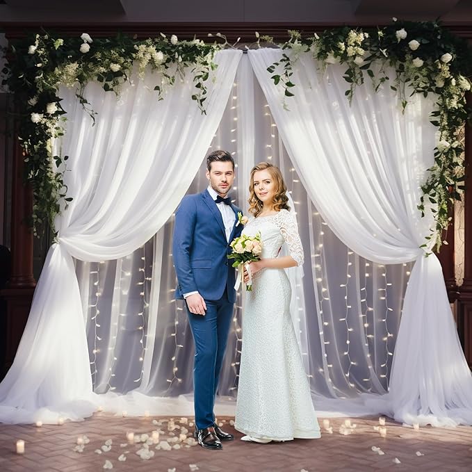20×10ft White Tulle Backdrop Curtain with Lights String for Parties, Sheer Photo Backdrop Curtains for Wedding Party Photography Background