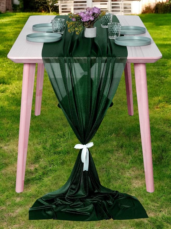 MDS 5 Pack 10ft Chiffon Table Runner 29 x 120 Inches Sheer Wedding Runner Romantic Rustic Table Runner for Wedding Decorations, Birthday Parties, Bridal Shower Party Arch Decor - Hunter Green