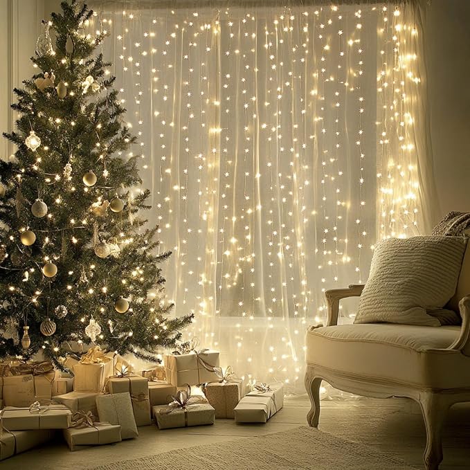 2 Pack Fairy Curtain Lights, 200 LED Upgraded Tangle-Free Hanging Lights with Remote, USB Plug in String Lights for Wall Window Wedding Party Xmas Home Décor - 6.6 x 6.6 Ft, Warm White