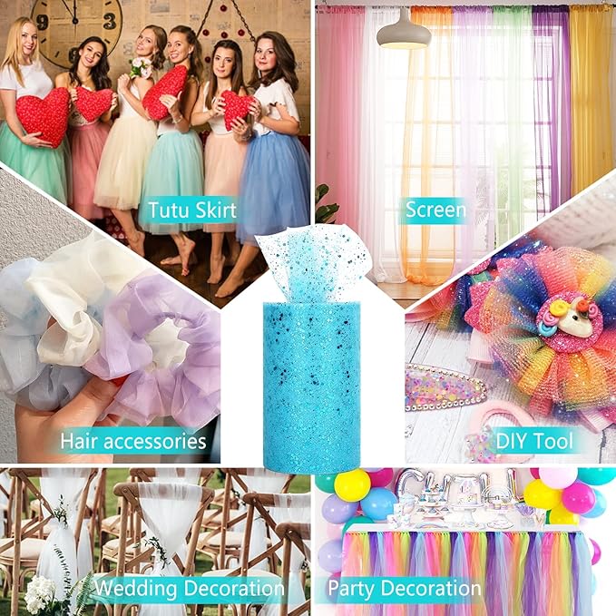 Glitter Tulle Rolls, 6” by 50 Yards (150FT) Sparkling Tulle Spool Ribbon Sequin Tulle Netting Fabric for Tutu Skirt Wedding Birthday Baby Shower (Light Blue)