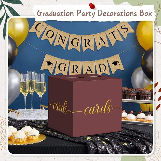 QIKSION Maroon Graduation Card Box, Gold Foil Gift Card Box for Graduation, Party, Wedding Reception, Birthday, Baby Shower, Raffle