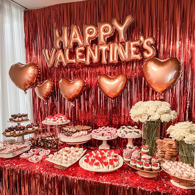 PartyWoo Red Streamers Fringe Curtain Backdrop 3 pcs 8.2 ft Tinsel Foil Backdrop for Baby Shower Graduation Birthday Girls Mothers Day Casino Firefighter Red Carpet Cherry Theme Party Decorations