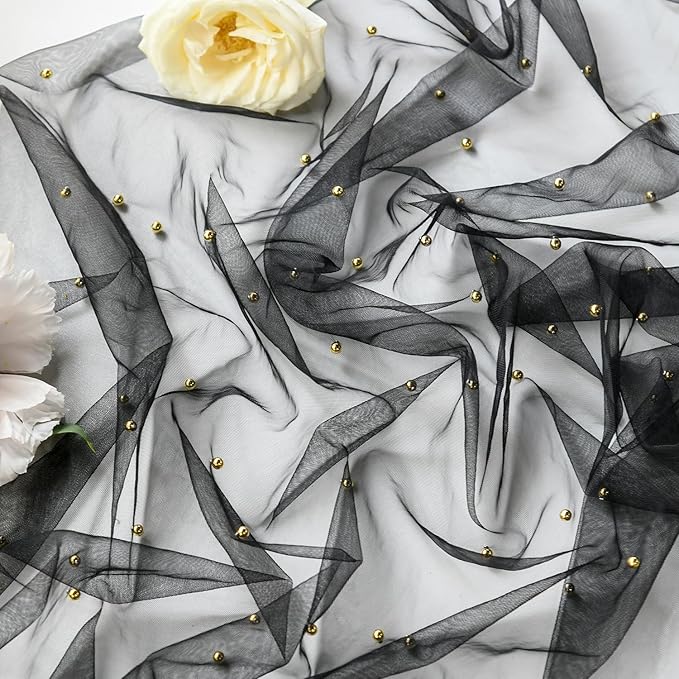 Artoid Mode Pearl Black Gauze Table Runner 120 Inch 10FT, Seasonal Sheer Dining Holiday Wedding Birthday Baby Shower Table Decor for Home Party