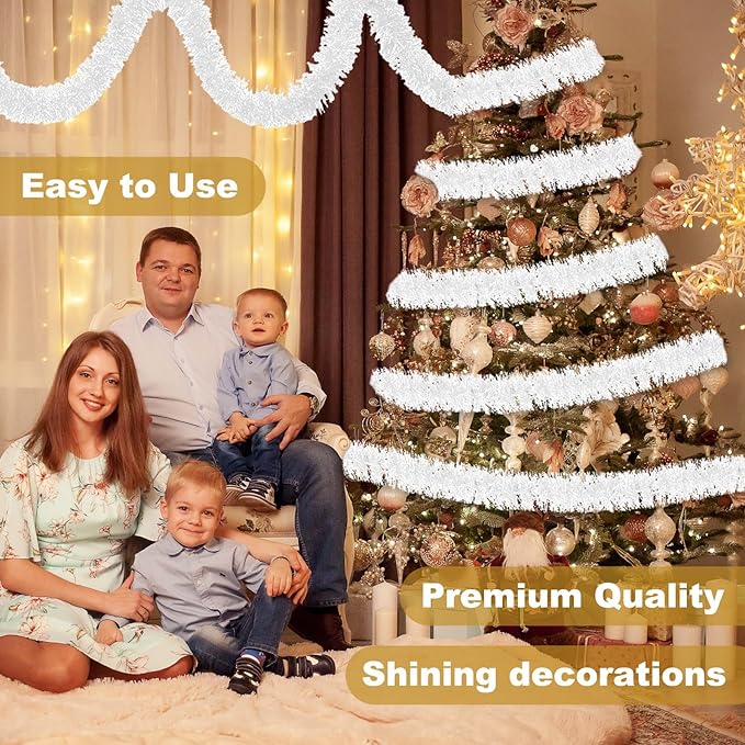 25 Feet Macaron White Christmas Tinsel Garland, Metallic Foil Twist Banner Wall Hanging Tinsel Streamers Backdrop for Parade Floats, Christmas, Mother's Day, Birthday Party Decorations(4in x 25ft)