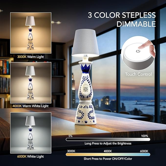 Wireless Bottle Lamp for Any Type of Bottle - LED Bottle Lamp for Indoor & Outdoor - 100% Waterproof - Adjustable Brightness and Light Temperature 3000-6000K - Wireless & Rechargeable (Silver)
