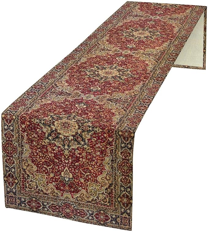Vintage Boho Floral Table Runner, Rustic Country Farmhouse Red Gold Bohemia Flower Pattern for Home Kitchen Table Decor Dining Coffee Room Party Decor 13x120in