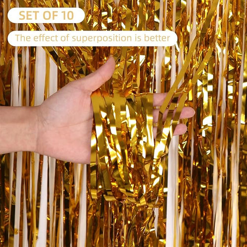 10 Pack Gold Foil Curtain Backdrop 3.2ft x 9.8ft Metallic Tinsel Foil Fringe Curtains Streamer Photo Booth Backdrop for Birthday Party Engagement Bachelorette Party Decorations (Gold)