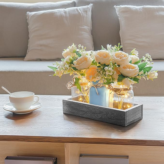 Mkono Mason Jar Lights Centerpiece Table Decor for Dining Room Farmhouse Wood Tray with 3 Jars Flowers Center Pieces Spring Decor for Coffee Table Kitchen Living Room, Grey Blue