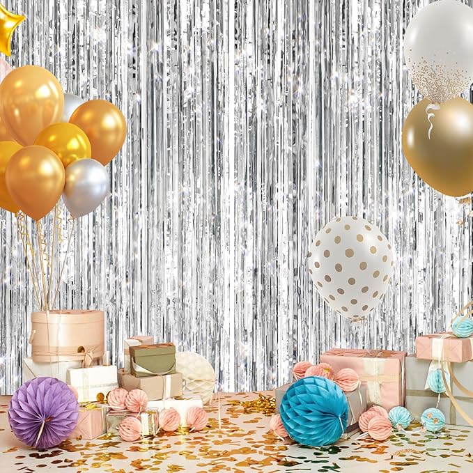 2Pack Silver Metallic Tinsel Foil Fringe Curtains, Door Streamer Photo Booth Backdrop for Birthday Wedding, Graduation Engagement Bridal Baby Shower Bachelorette Party Decorations Dancing Ball Party