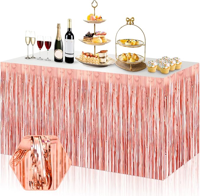 3 Pack 29x108 Inch Rose Gold Foil Fringe Table Skirts Metallic Banner for Tinsel Streamer Garland Backdrop for Parade Floats Wedding Thanksgiving Birthday Christmas Halloween Party Decoration