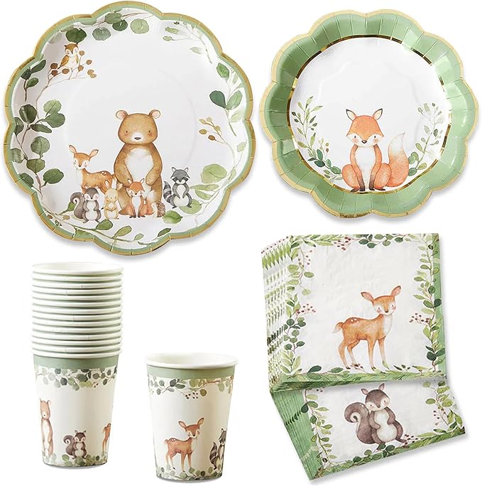 Kate Aspen Woodland Baby Shower Decorations - 78-Piece Baby Shower Plates and Napkins Set with Cups for 16 Guests - Gender Reveal Decorations Forest Animal Theme Party Supplies and Table Decor