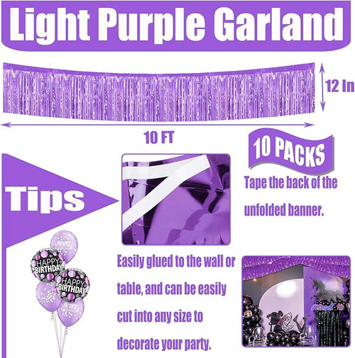 10 Pack 10 Feet Foil Fringe Garland Metallic Tinsel Streamers Banner Wall Hanging Curtain Backdrop for Parade Floats, Wedding, Disco, Birthday, Halloween, Christmas Party Decorations(Light Purple)