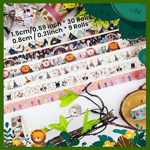 Washi Tape Set 39 Rolls - Cute Animal Colored Decorative Adhesive Tape for Kids, Masking Tape for Scrapbooking Supplies, DIY Crafts, Gift Wrapping, Junk Journal, Planners, School Supplies