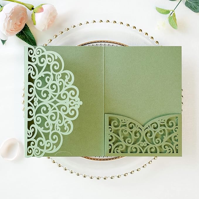 ponatia 5.12 x 7.2 Sage Green Laser Cut Wedding Invitations, 20PCS Tri-Fold 5x7 Trifold Laser Cut Invitation Pockets with Envelopes for Wedding Bridal Shower Engagement (No Inner Sheet)