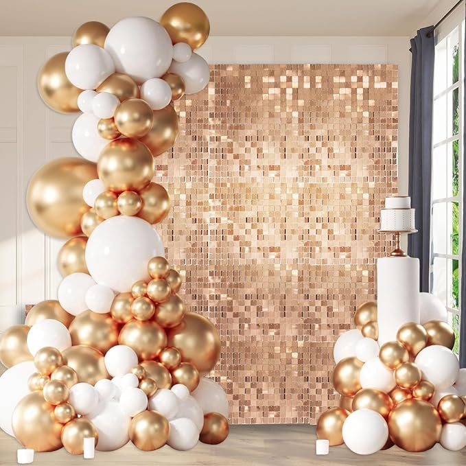12PCS Champagne Shimmer Wall Backdrop, Square Sequin Photo Backdrops Panel, Glitter Wall Background for Birthdays, Weddings, Christmas, Engagements, Disco Bachelorette Party Decoration (3FTx4FT)