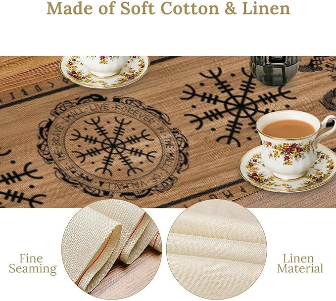 Viking Tree of Life Table Runner, Wooden Printed Eagle Dragon Boat Rudder Seasonal Kitchen Dining Table Decoration for Home Party 13x108 Inch