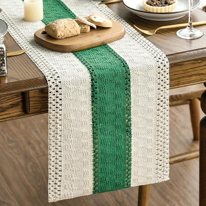 Artoid Mode Dark Green Farmhouse Rustic Table Runner, Seasonal Holiday Hollow Kitchen Dining Table Decoration for Home Party Decor 12x120 Inch