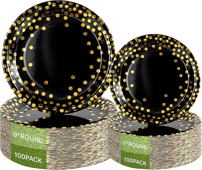 Lullaby 200PCS Black Paper Plates, Black and Gold Paper Plate, 100pcs Dinner Plates 9"，100pcs Dessert Plates 7", Disposable Graduation Plates with Golden Dot for Birthday party, Halloween
