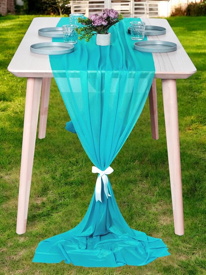 MDS Halloween Chiffon Table Runner - 12 Pack, 29 x 170 Inches, 14ft Each - Sheer Spooky Table Runners for Haunted House Parties, Trick-or-Treat Tables, Witchy Décor, Wedding & Events - Peacock Blue