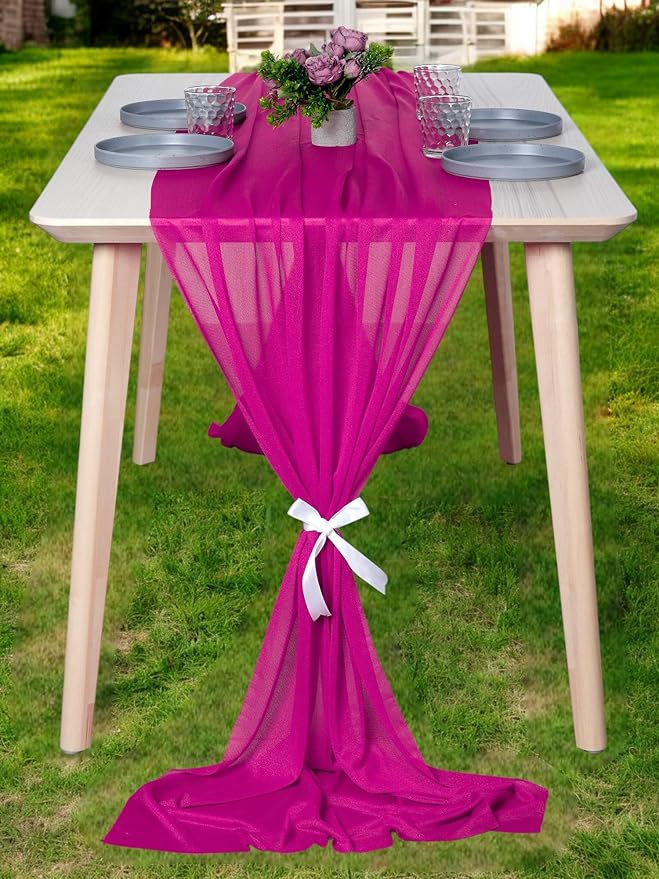 MDS 25 Pack 10ft Chiffon Table Runner 29 x 120 Inches Sheer Wedding Runner Romantic Rustic Table Runner for Wedding Decorations, Birthday Parties, Bridal Shower Party Arch Decor - Magenta