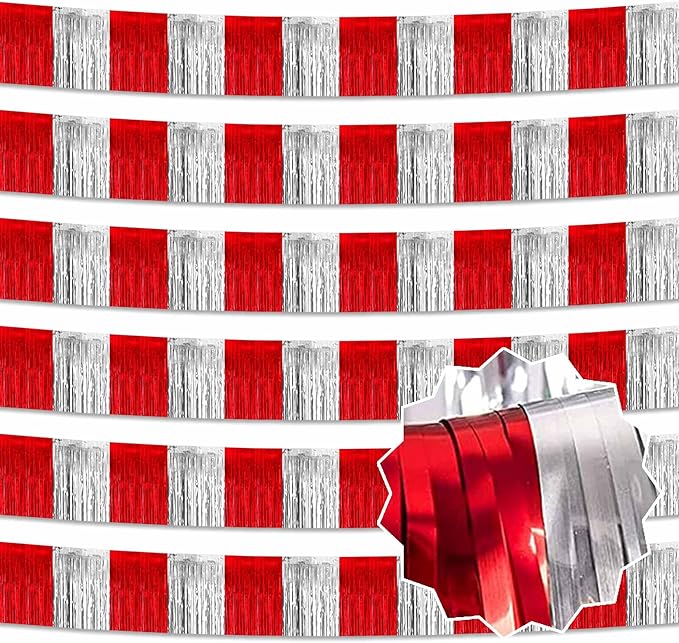 6 Pack 10 Feet Red and Silver Tinsel Foil Fringe Garland, Metallic Streamers Banner Wall Hanging Garland for Parade Floats, Graduation, Birthday, Baby Shower, Disco, Celebration Party Decoration