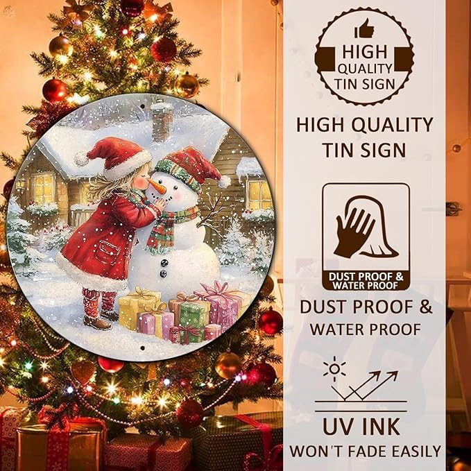 Round Wall Decor Christmas Metal Tin Sign Girl and Snowman Sign Rustic Wall Decor Wall Plaque Snowman Wreath Sign for Christmas Round Wreath Wall Decor Vintage Garage Yard Home 12 * 12 in