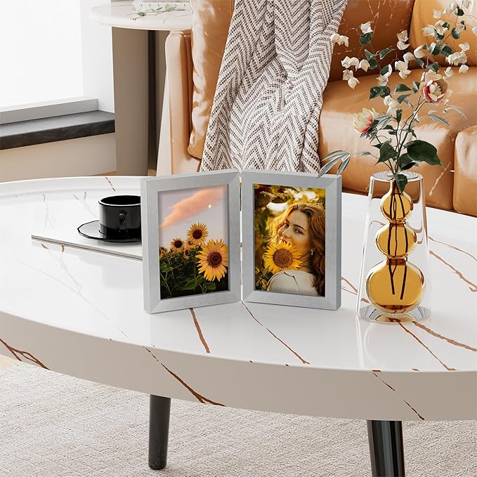 decorUhome Double 5x7 Picture Frame Vertical, Engineered Wood Bifold Photo Frame with Plexiglass for Tabletop Display, 5x7, Silver