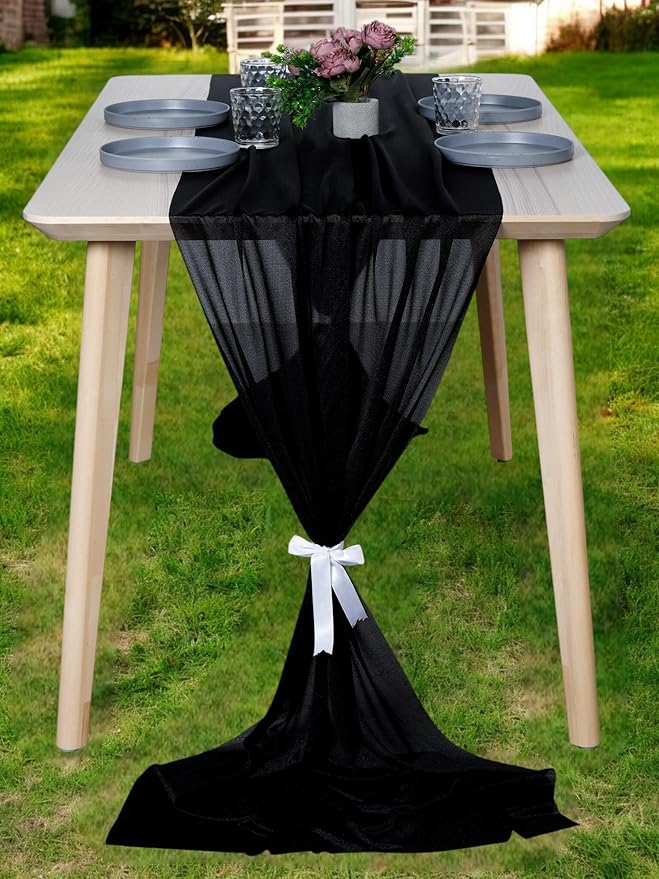 MDS Halloween Chiffon Table Runner - 12 Pack, 29 x 170 Inches, 14ft Each - Sheer Spooky Table Runners for Haunted House Parties, Trick-or-Treat Tables, Witchy Décor, Wedding & Events - Black