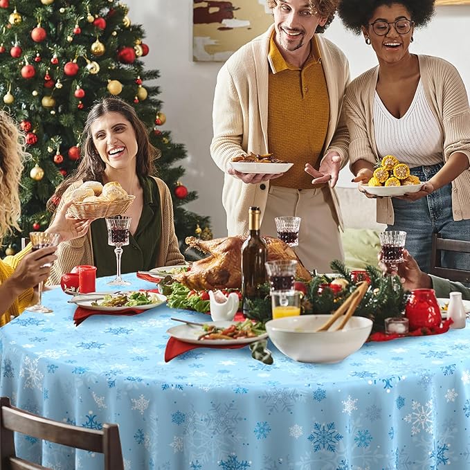 12 Pcs Christmas Snowflake Plastic Party Tablecloth Decorations,Disposable Light Blue Snowflake Round Table Cover Backdrop for Winter Onederland Christmas Holiday Party Supplies,84 inch (Light Blue)