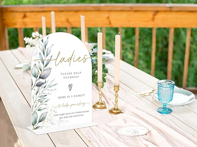 Acrylic Wedding Signs, Greenery Theme Ladies Please Help Yourself Sign, Bridal Shower Table Decor with Stand, Wedding Bathroom Basket Supplies for Engagement, Anniversary, Newlywed Event and Party, 07