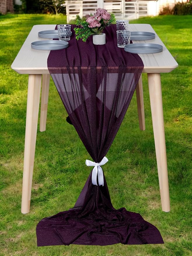 MDS 25 Pack 10ft Chiffon Table Runner 29 x 120 Inches Sheer Wedding Runner Romantic Rustic Table Runner for Wedding Decorations, Birthday Parties, Bridal Shower Party Arch Decor - Eggplant