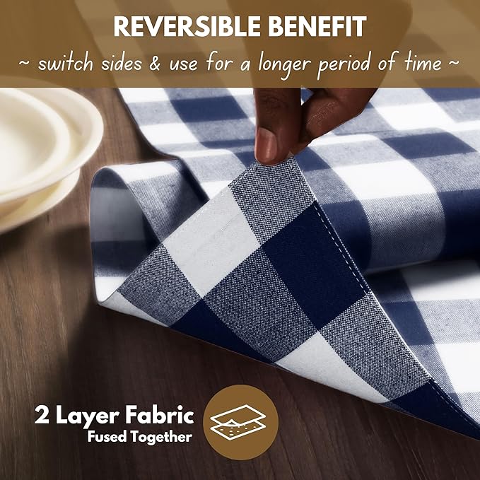 Native Fab Buffalo Check Table Runner, 100% Cotton, 13x108 Inches, Rustic Farmhouse Kitchen and Dining Décor, Perfect for Christmas, Winter, Weddings, Holiday Gatherings, Navy Blue & White