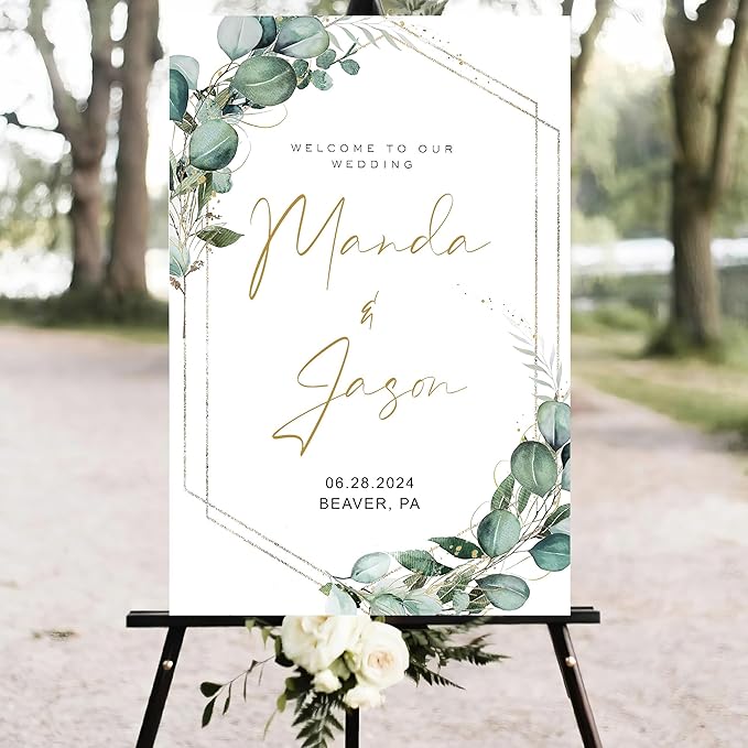 Generic Greenery Wedding Welcome Sign, 18x27 inches, Plastic, Modern Geometric