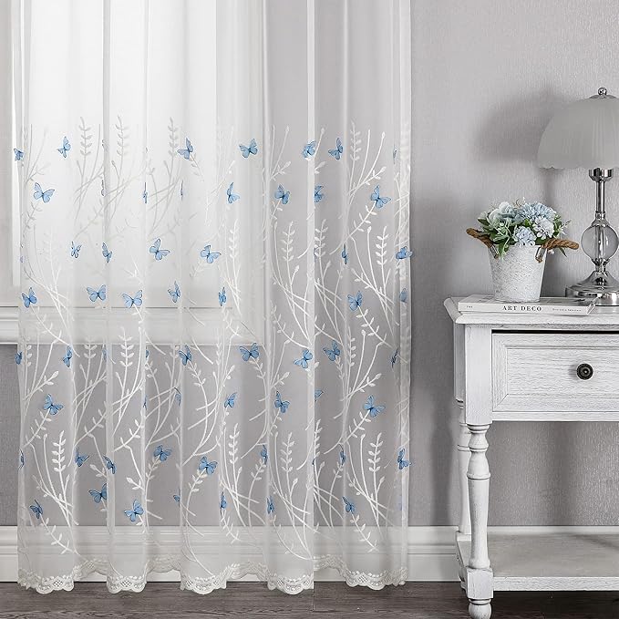 VISIONTEX White Sheer Voile Curtains, Decorative White Embossed Drip Rod Pocket Window Drapes for Home Kitchen, Living Room and Bedroom 54 x 63 Inch, Set of 2 Curtain Panels