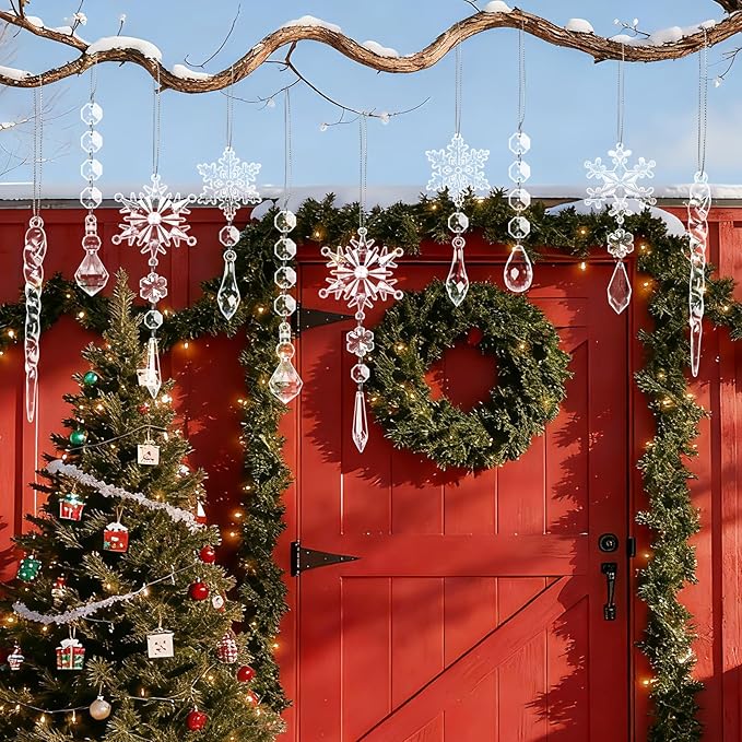 40pcs Christmas Ornaments Set for Tree Decorations- Hanging Acrylic Crystal Snowflake Christmas Decorations Icicle Drop Ornaments for Winter Christmas Tree New Year Party Supplies