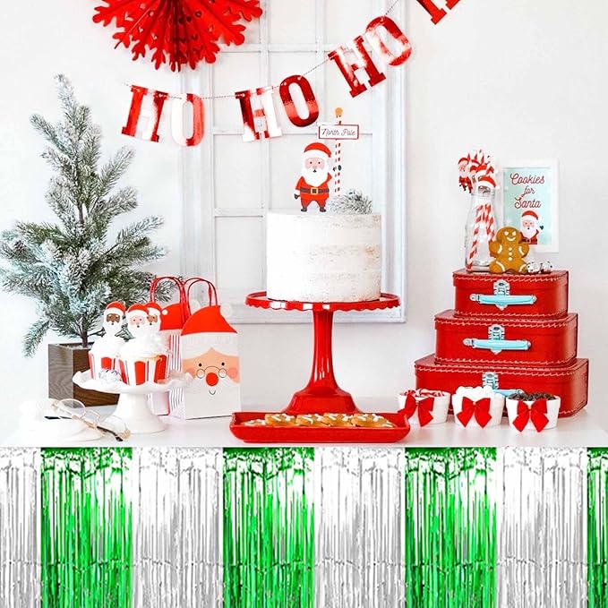 3 Pack 29 x108 Inch Silver Green Foil Fringe Table Skirts Metallic Banner for Tinsel Streamer Garland Backdrop for Parade Floats Mother's Day, Graduate, Birthday, Wedding Party Decoration