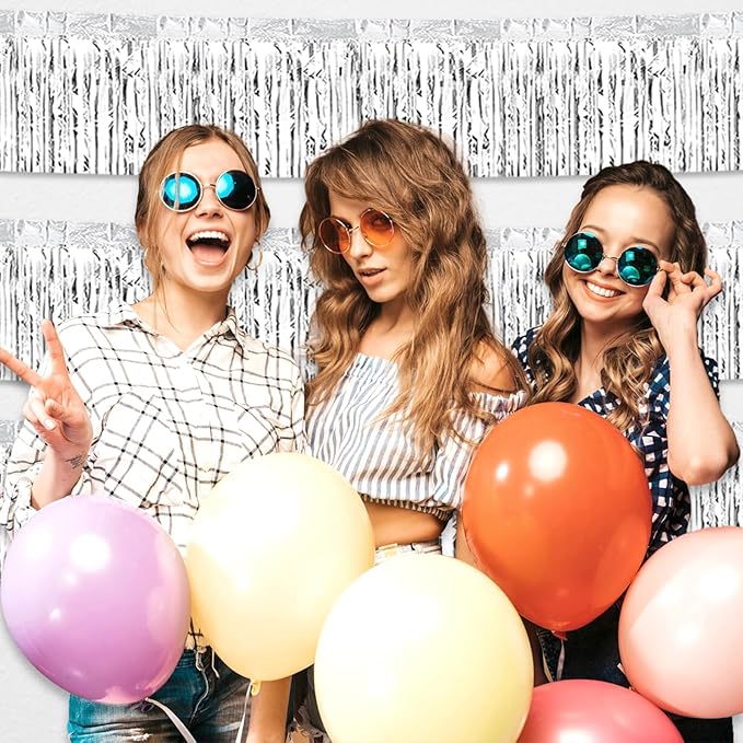 4 Pack 10 Feet Silver Foil Fringe Garland Metallic Tinsel Streamers Banner Wall Hanging Curtain Backdrop for Parade Floats, Wedding, Graduate, Mother's Day, Birthday Party Decoration