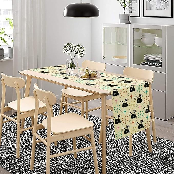 Mid Cat Table Runner, Vintage Black Cat and Atomic Stars 1950s 1960s Abstract Geometric Space Pattern Table Decoration for Home Kitchen Restaurant 13x108 Inches