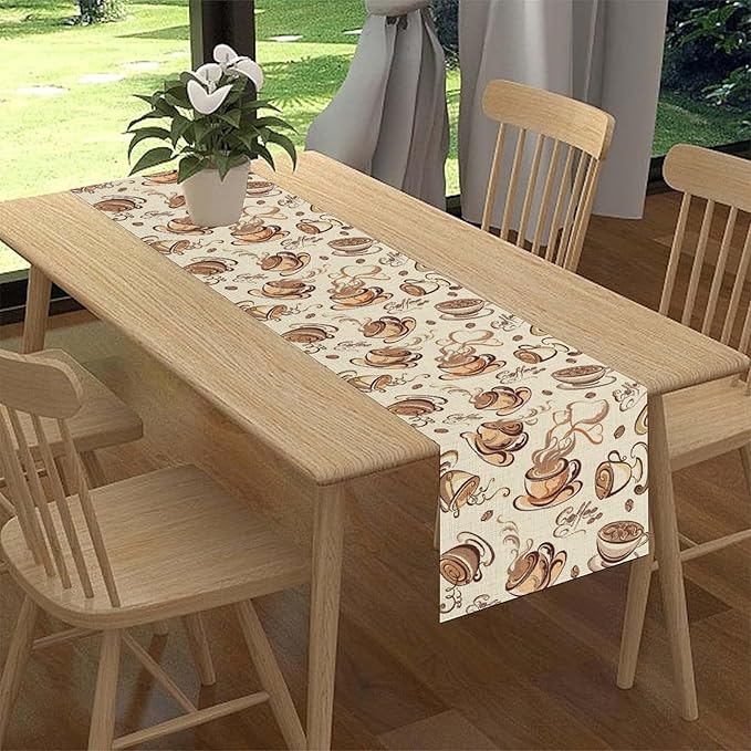 Coffee Time Table Runner, Farmhouse Retro Coffee Cup Tea Party Cafe Table Center Decor for Home Kitchen Dining Patio Holiday Party Indoor Outdoor Table Decorations,13"x90" Inch