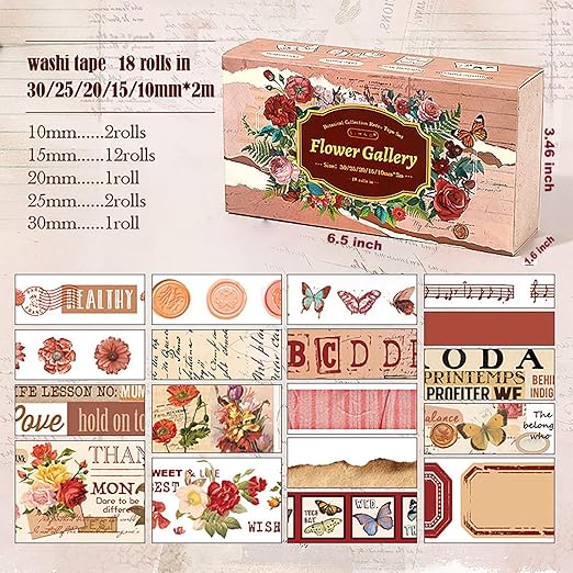 18 Rolls Washi Tape Set for Crafts and Journaling DIY Vintage Floral Tape Scrapbooking Supplies washi Tape for journaling Decorative Tape for Crafts
