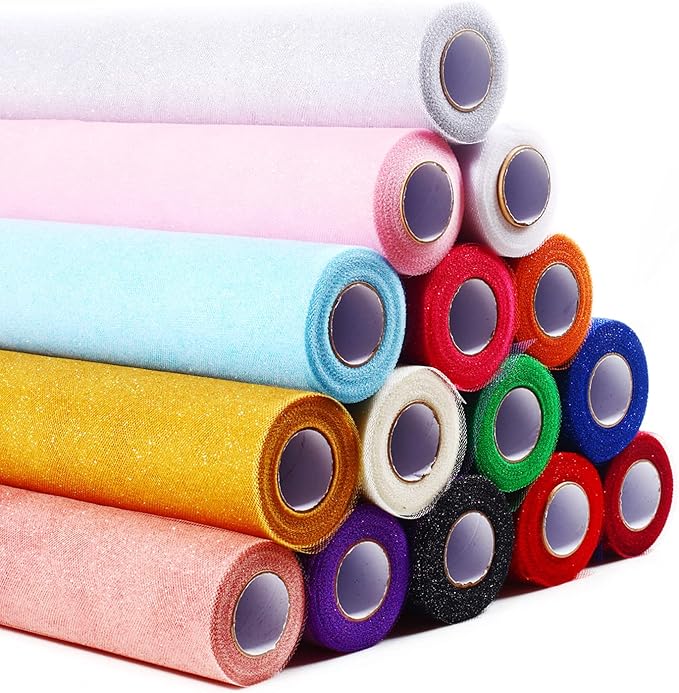 ICOSHOW Sparkling Tulle Rolls, 15” by 30 Yards (90FT) Glitter Tulle Spool Ribbon Fabric for Wedding Birthday Bridal Shower Tutu Skirt Party Gift Wrapping (Ivory)