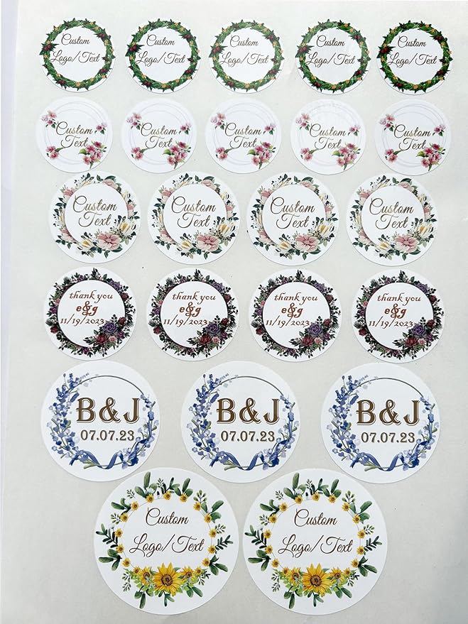 Custom Stickers for Weddings, Birthdays & Businesses - Personalized Labels with Your Logo - Waterproof, Fade and Heat Resistant - Pack of 100-1000 (Wreath M, 4 Inch)