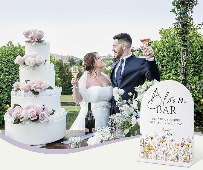 Wedding Signs for Ceremony and Reception, Boho Floral Acrylic Bloom Bar Sign, Wedding Signage with Stand, Bridal Shower Table Centerpieces, Bloom Bar Supplies for Engagement Reception Event Party, 20