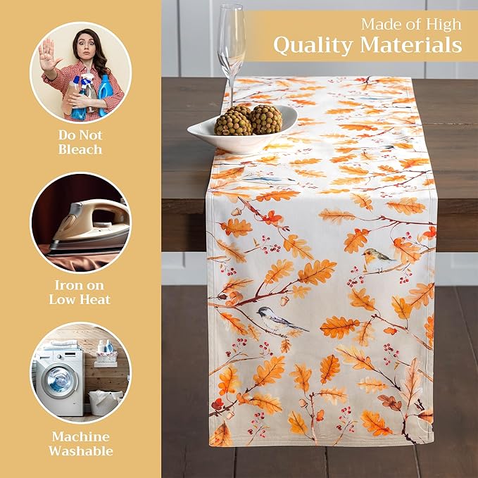 Maison d' Hermine Table Runner 100% Cotton Double Layer Table Runners 108 inches Long for Thanksgiving Christmas Decorations Home Kitchen Dining Party Wedding (Oak Leaves, 14.5" x 108")
