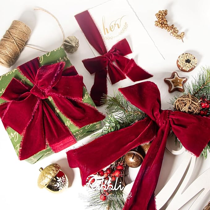 Ribbli Burgundy Velvet Ribbon 1.5 Inch Handmade Frayed Vintage Christmas Ribbon for Gift Wrapping Christmas Tree Ornament Wreath Craft Home Decor -Total 3 Yards with Wooden Spool